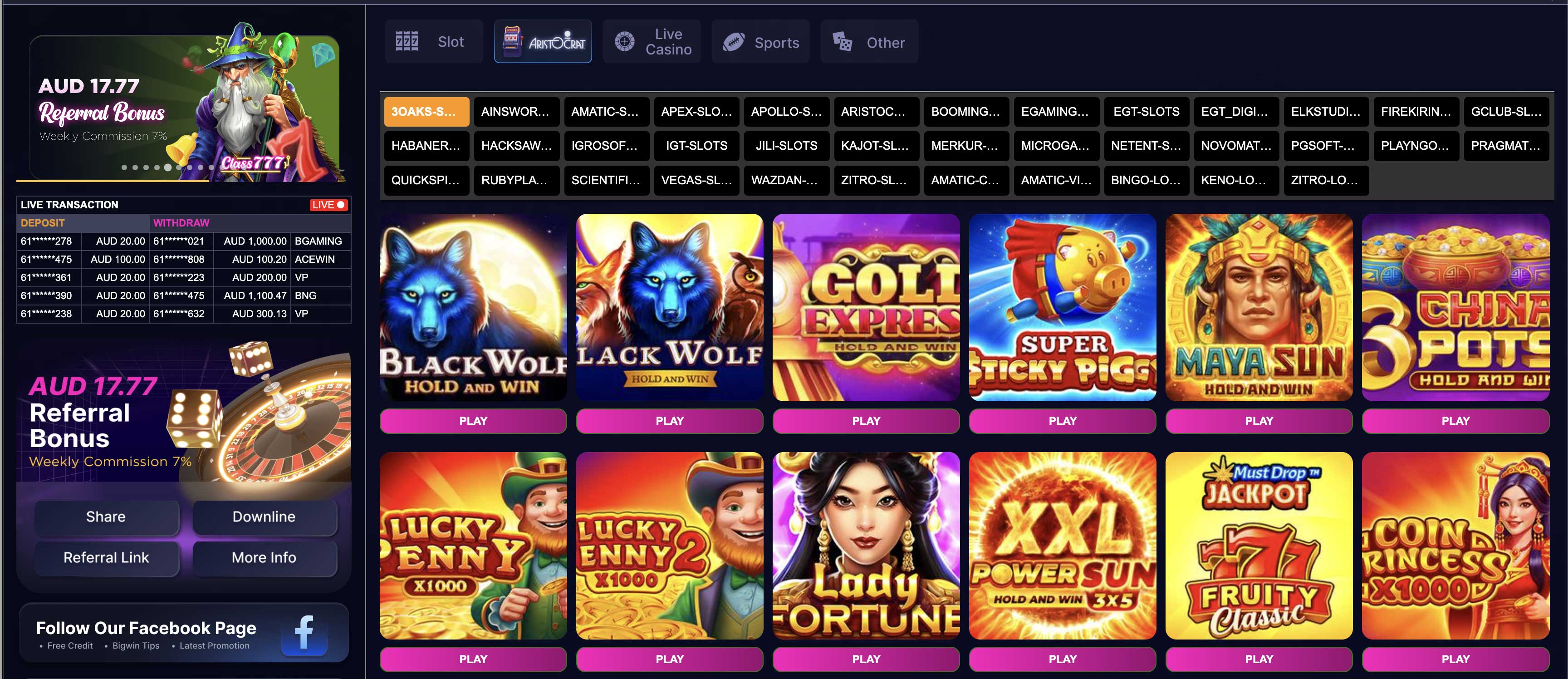 Class 777 Casino Australia official website interface
