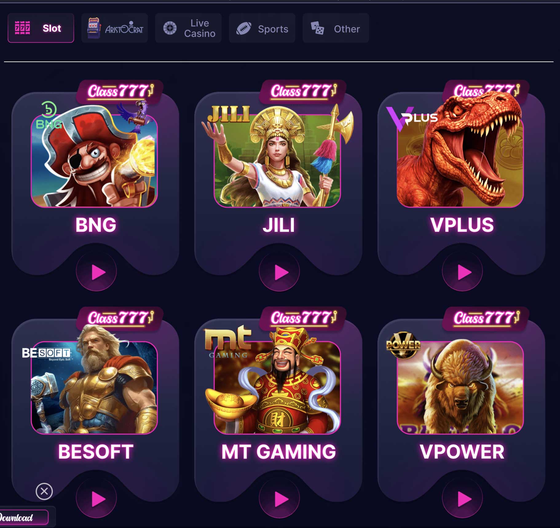 Popular online pokies and slots at Class 777 Casino